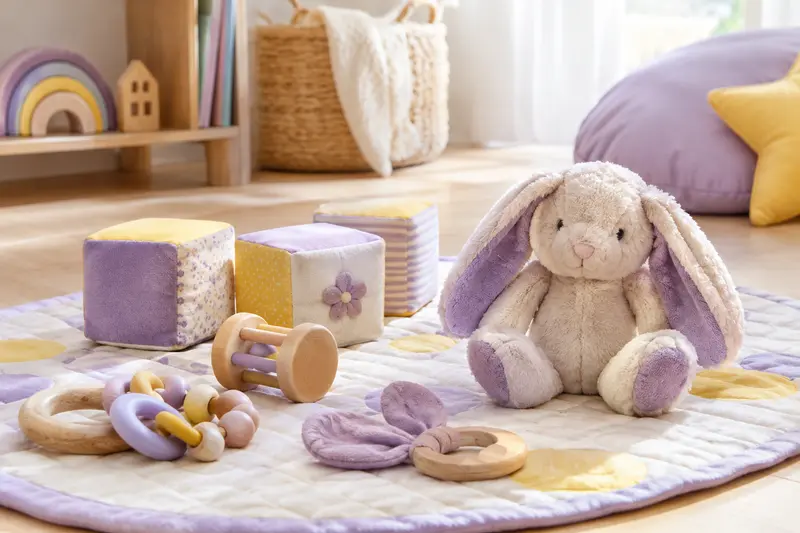 Jouets d’éveil et peluche présentés sur un tapis en coton clair