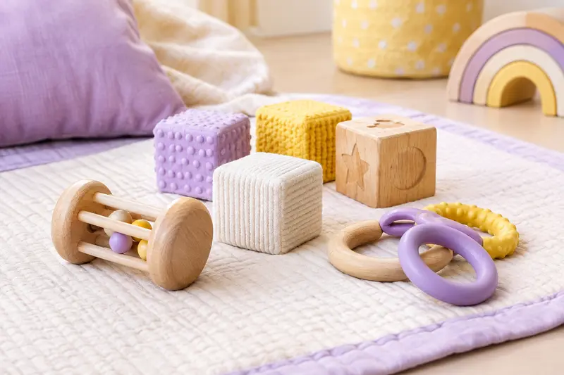 Hochet, cubes texturés et anneaux d’éveil sur un tapis clair