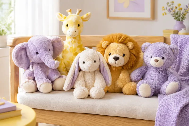 Peluches en forme d’animaux posées sur un banc en bois clair