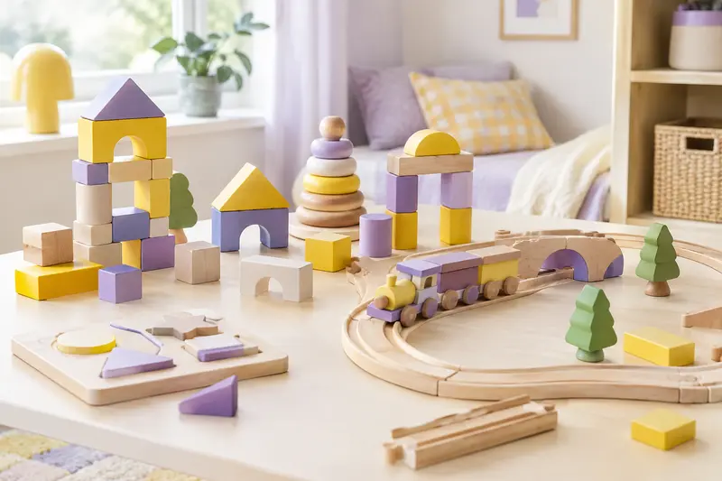Briques colorées et pièces de construction disposées sur une table claire
