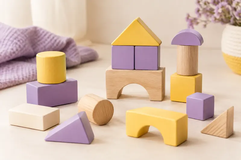 Briques de construction colorées et petits assemblages sur fond crème
