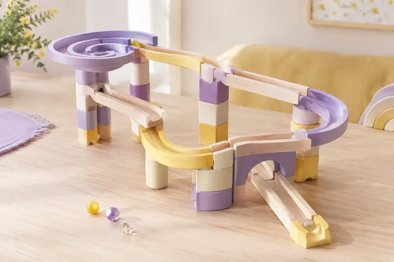 Circuit de billes assemblé avec rampes et virages sur une table
