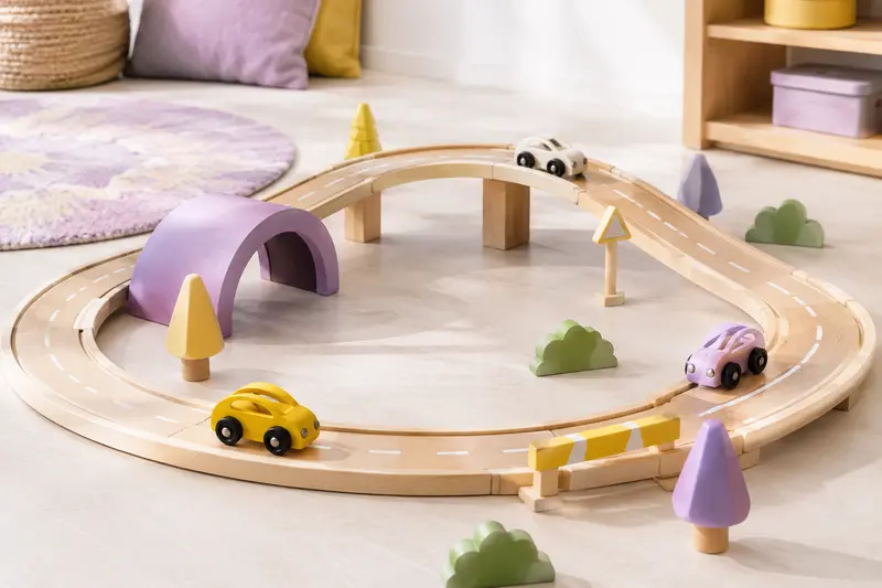 Piste courbe de circuit de voitures avec petits véhicules colorés