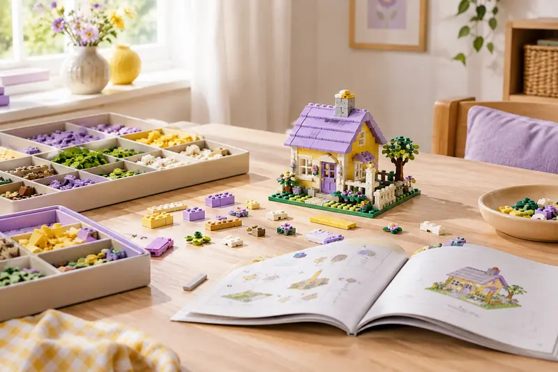 Coffret de construction ouvert avec pièces triées et modèle assemblé