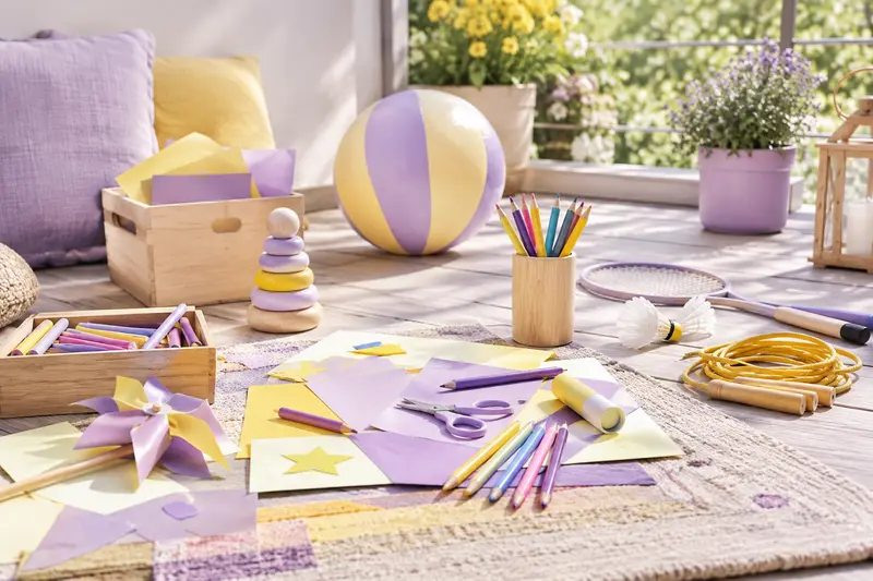 Matériel créatif, ballon et accessoires de plein air sur une terrasse