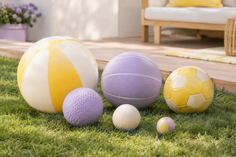 Ballons de jeu colorés posés sur une pelouse près d’une terrasse