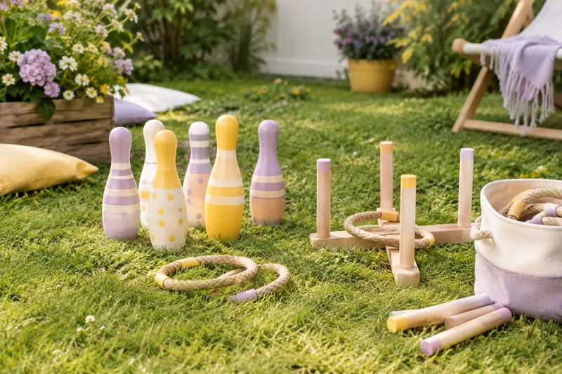 Quilles et anneaux à lancer installés sur une pelouse de jardin
