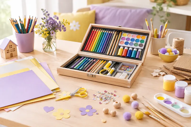 Feuilles, crayons et peinture d’un kit créatif disposés sur une table