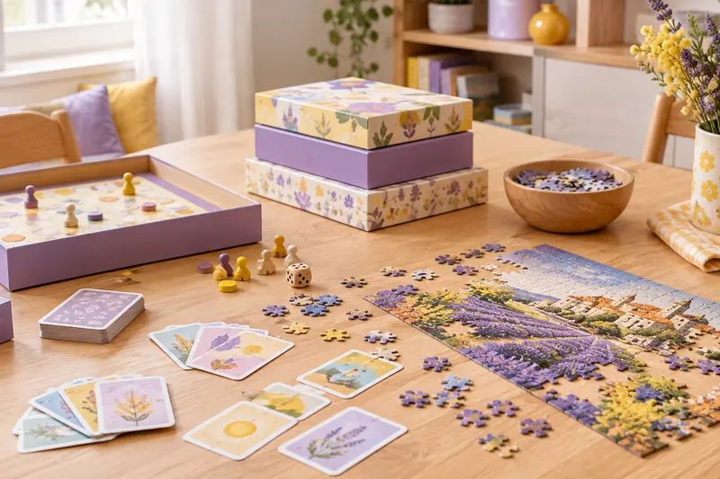 Jeux de société, cartes et puzzle en cours sur une table claire