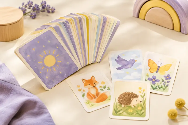 Cartes illustrées d’un jeu pour enfants disposées en éventail