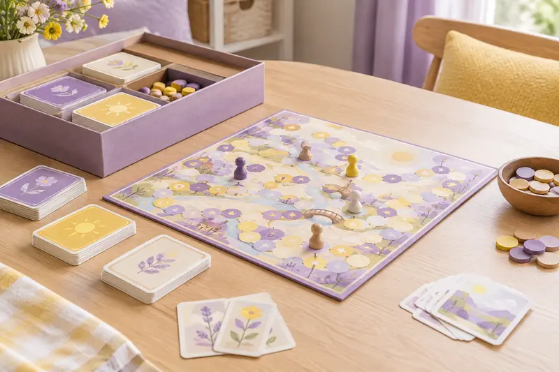Plateau, pions et cartes d’un jeu de société disposés sur une table