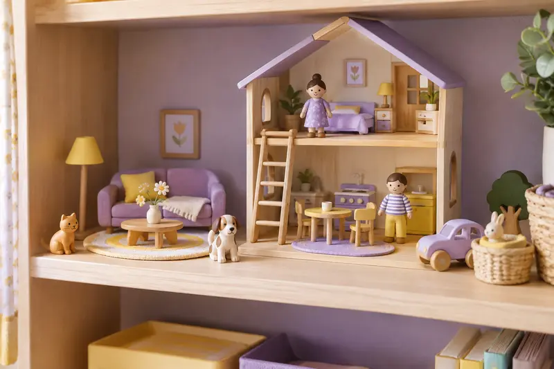 Poupées, figurines et petits accessoires dans un décor miniature
