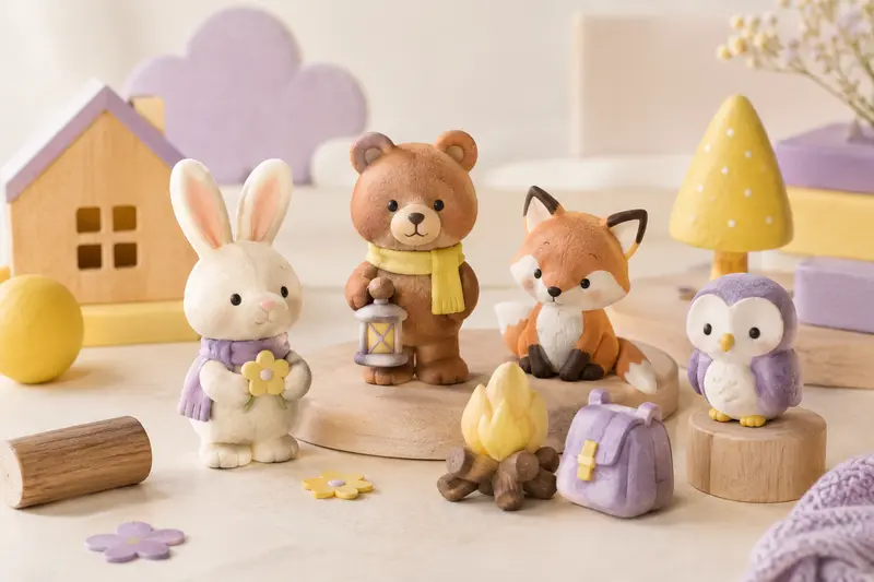 Figurines de personnages et accessoires réunis dans une scène de jeu