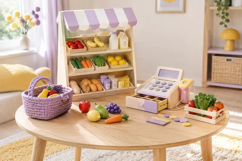 Aliments factices, panier et caisse jouet dans une épicerie miniature