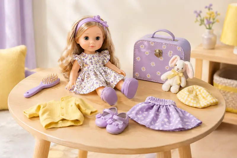 Poupée avec vêtements miniatures et accessoires posés sur une table
