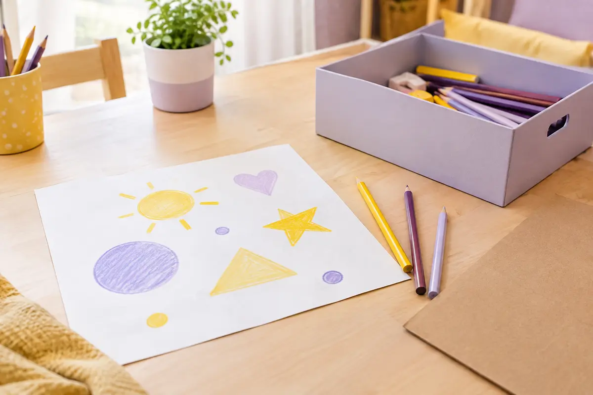 Feuille dessinée, crayons et carton propre réunis sur une table pour une activité créative à la maison