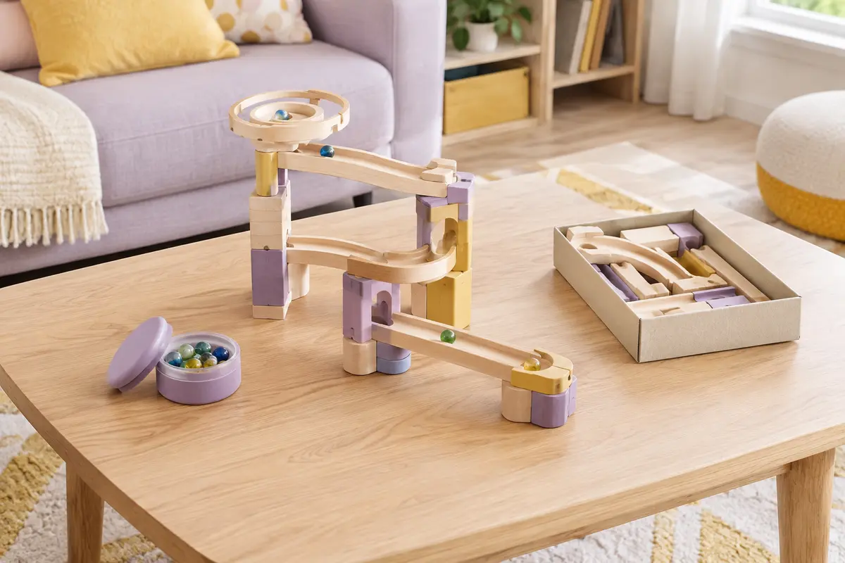 Circuit de billes assemblé sur une table stable, avec un espace dégagé autour et les billes rangées.
