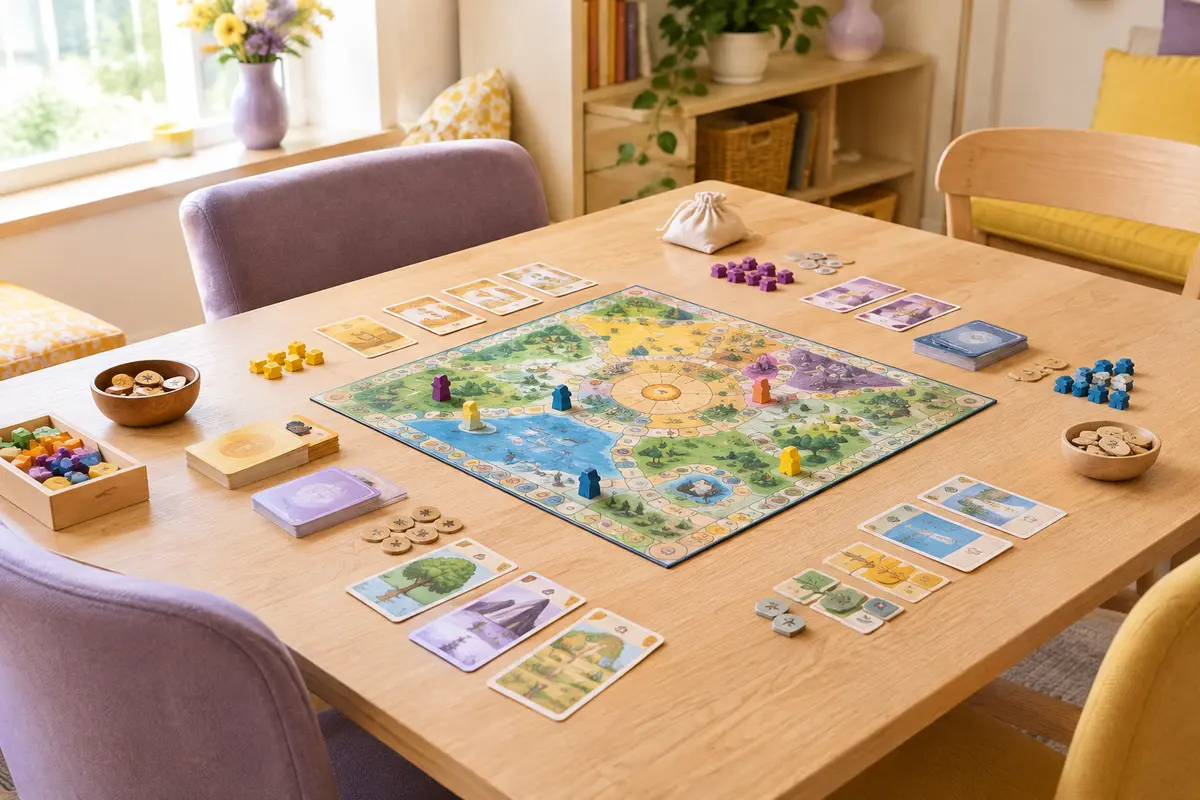 Table préparée pour une partie de jeu de société en famille avec plateau, cartes et pions
