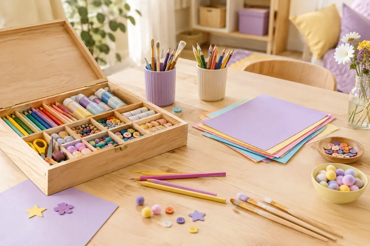Kit de loisirs créatifs ouvert avec fournitures triées et espace libre pour réaliser une activité manuelle