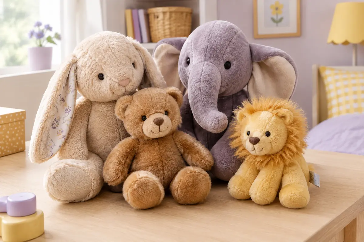 Peluches de plusieurs tailles et textures réunies pour comparer leur toucher et leurs étiquettes.