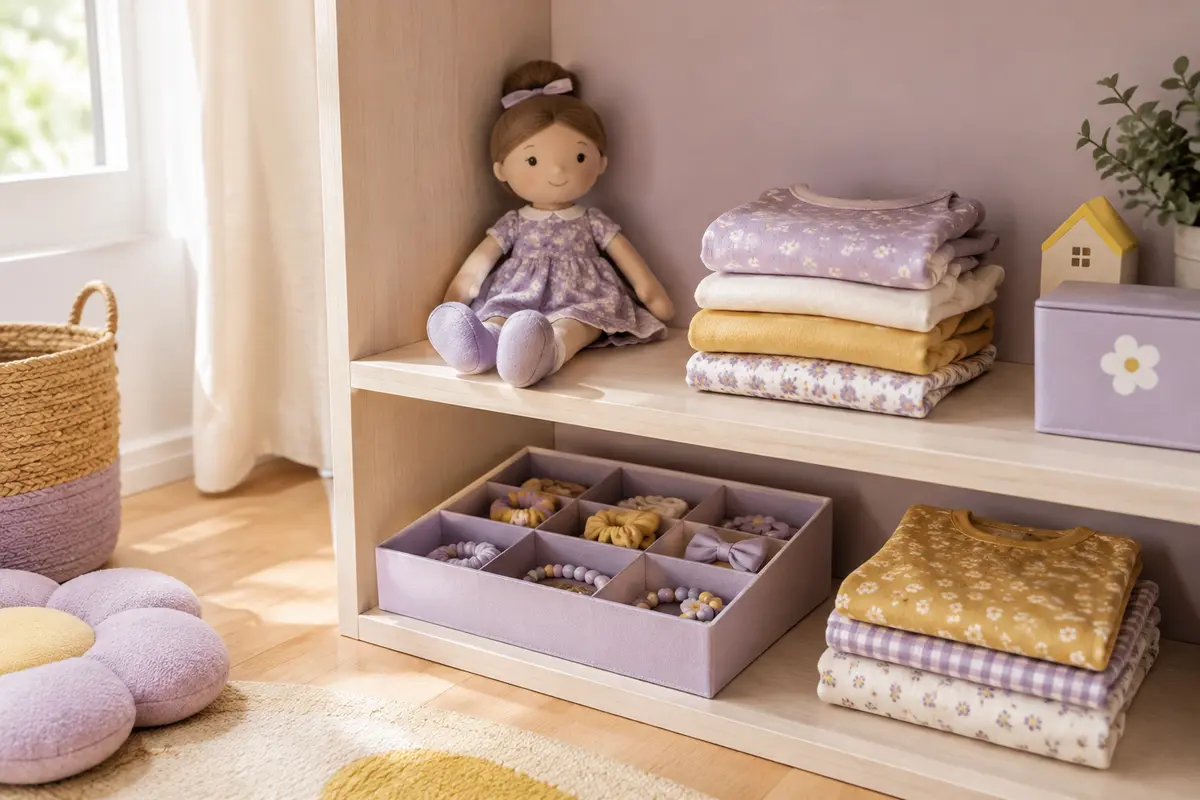 Poupée, vêtements et accessoires rangés dans une chambre d’enfant avec un bac compartimenté