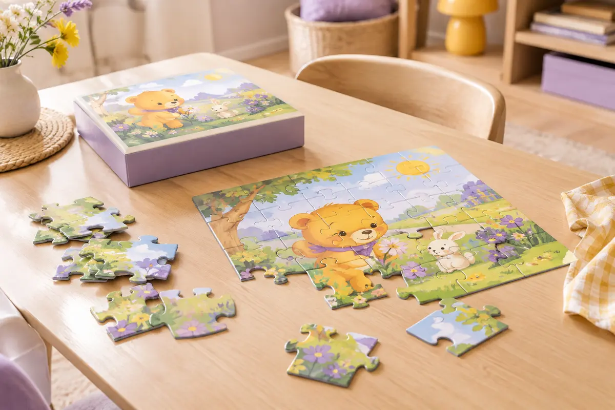 Puzzle coloré en cours d’assemblage sur une table, avec quelques pièces et sa boîte posées à côté.