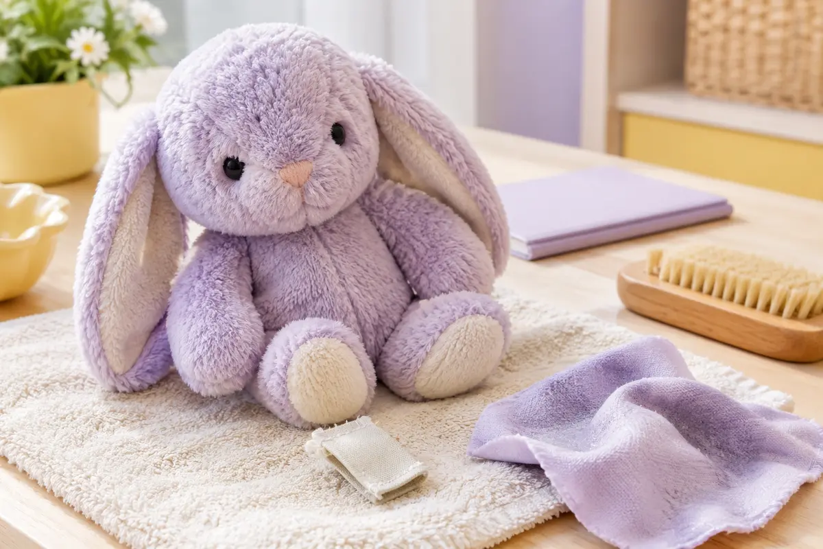 Peluche posée sur une serviette avec un chiffon doux et son étiquette d’entretien retournée