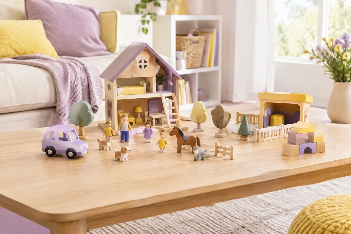 Figurines de tailles différentes placées près d’une maison, d’un véhicule et de jeux de construction