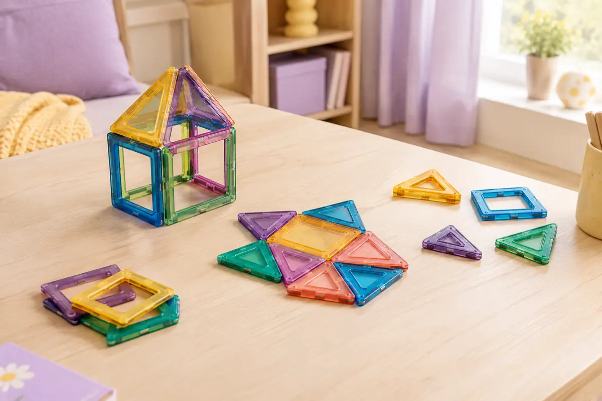 Pièces magnétiques colorées assemblées en formes libres sur une table claire, avec des éléments à construire à côté.