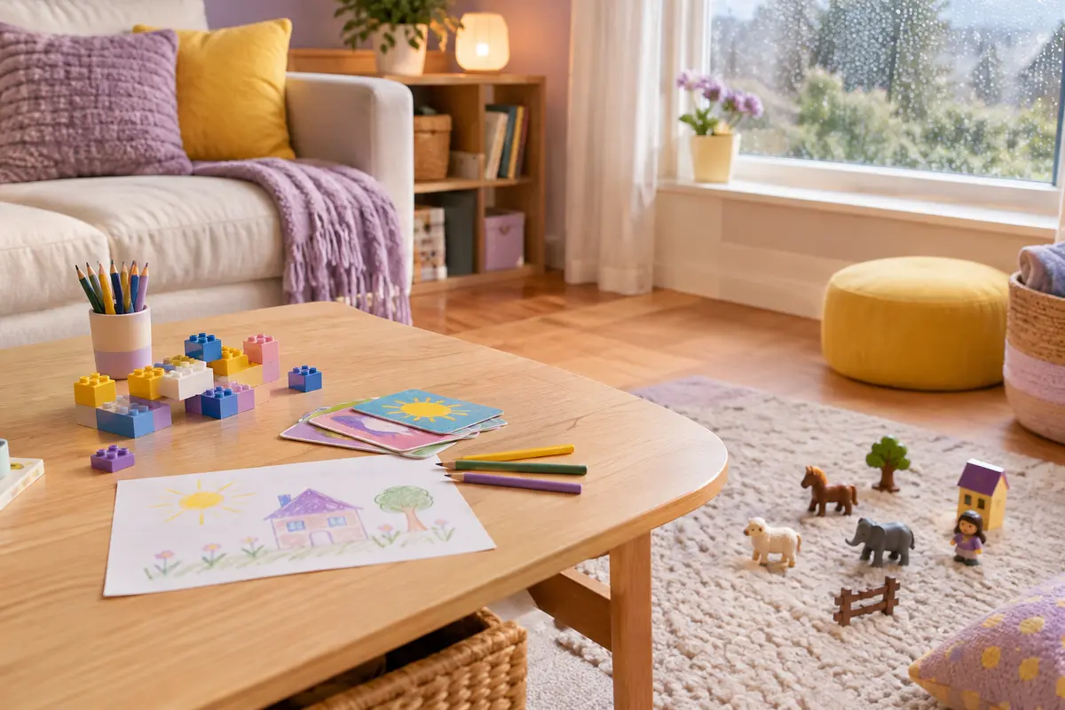 Briques, cartes, figurines et crayons prêts pour des jeux sans écran à la maison un jour de pluie