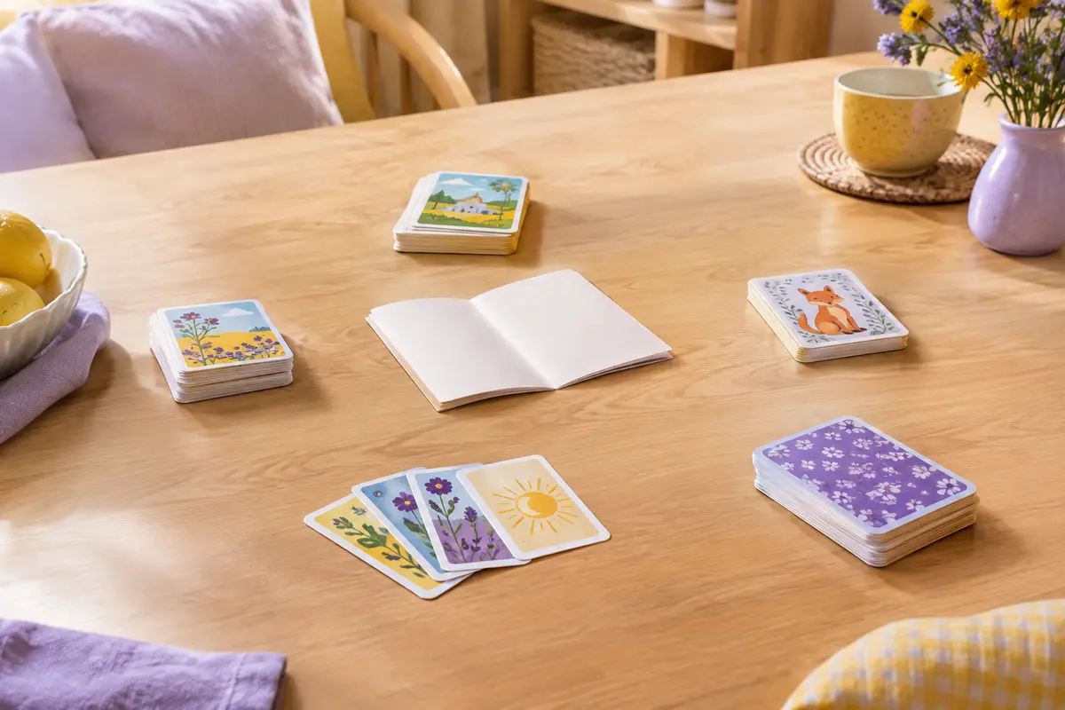 Cartes colorées disposées sur une table avec une notice ouverte pour préparer une partie en famille.
