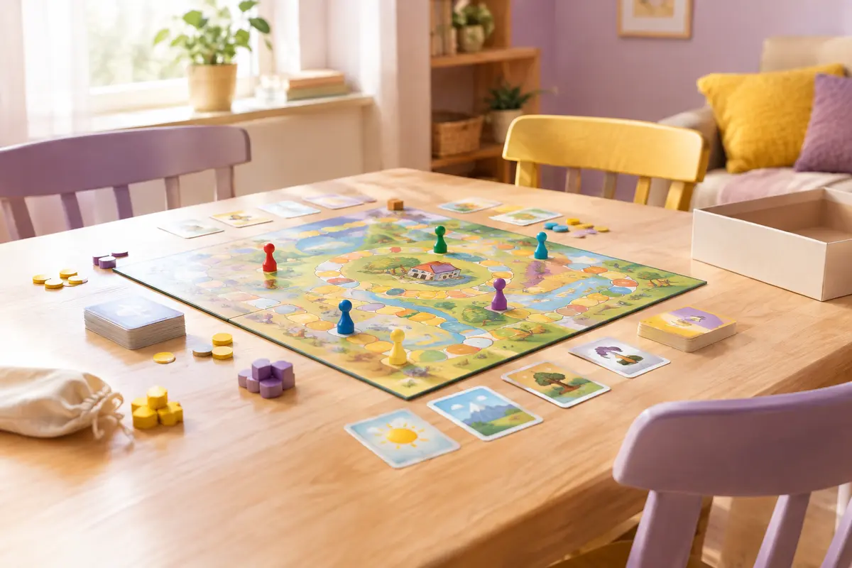Plateau de jeu familial avec cartes et pions disposés autour d’un objectif commun