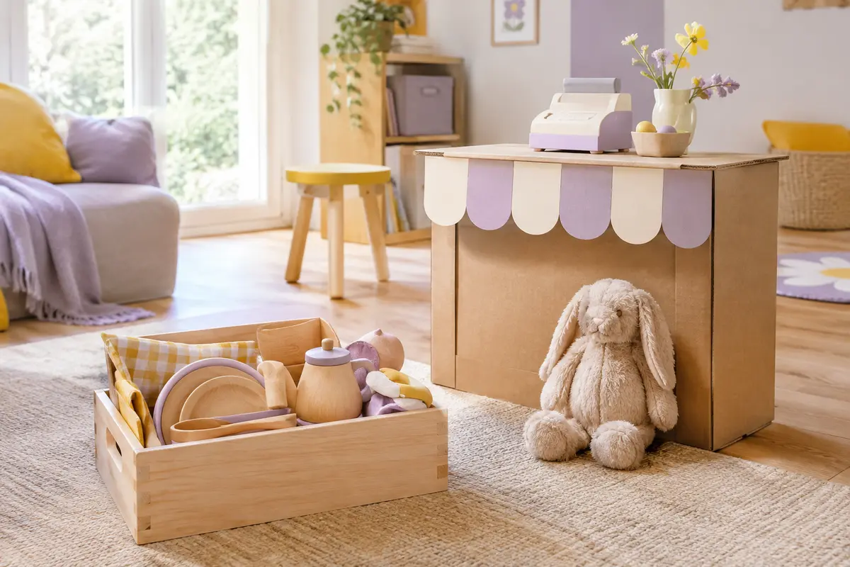 Coin de jeu compact avec vaisselle d’imitation, peluche et accessoires rangés dans une petite caisse.