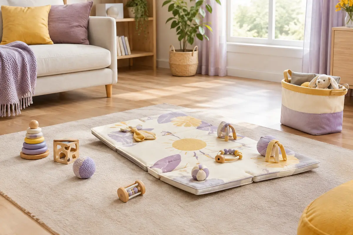 Coin de jeu de bébé avec tapis d’éveil, jouets de manipulation et espace libre pour circuler
