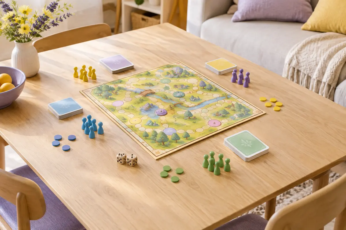 Table préparée avec cartes, pions et dé pour une partie de jeu de société fluide en famille
