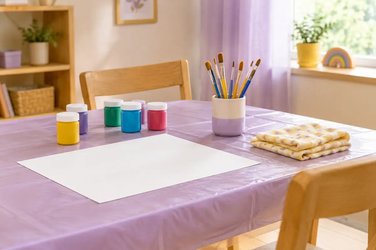 Table familiale protégée avec peinture, pinceaux rangés et chiffon pour préparer une activité créative.