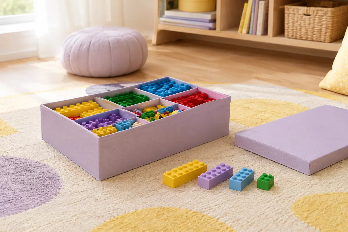 Boîte compartimentée de briques de construction rangée dans un coin de jeu familial ordonné