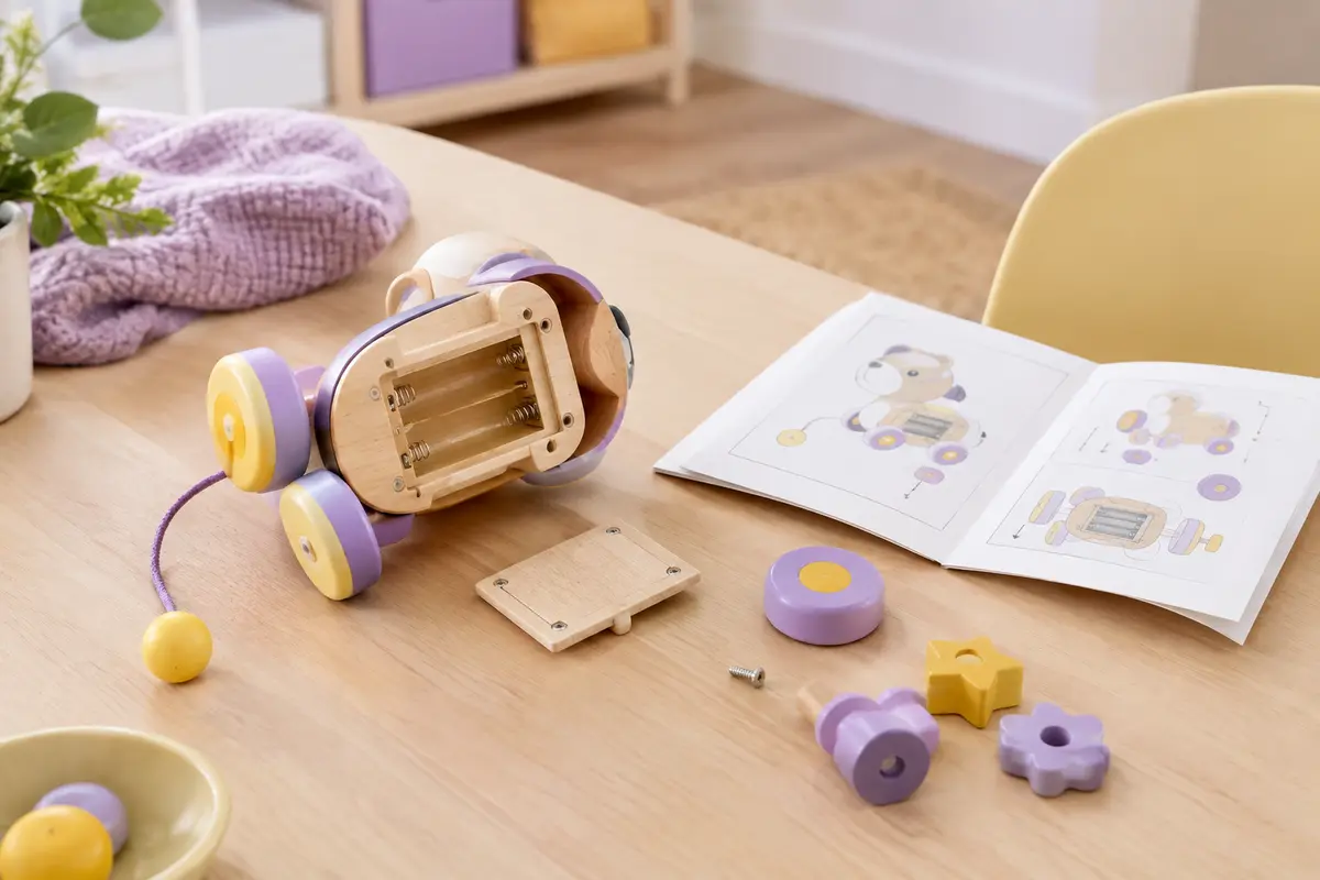 Jouet d’occasion et pièces séparées examinés sur une table avant d’être transmis à un enfant