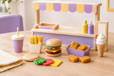 Dinette en bois Airlab avec burger à assembler, frites, nuggets et accessoires pour jouer au restaurant