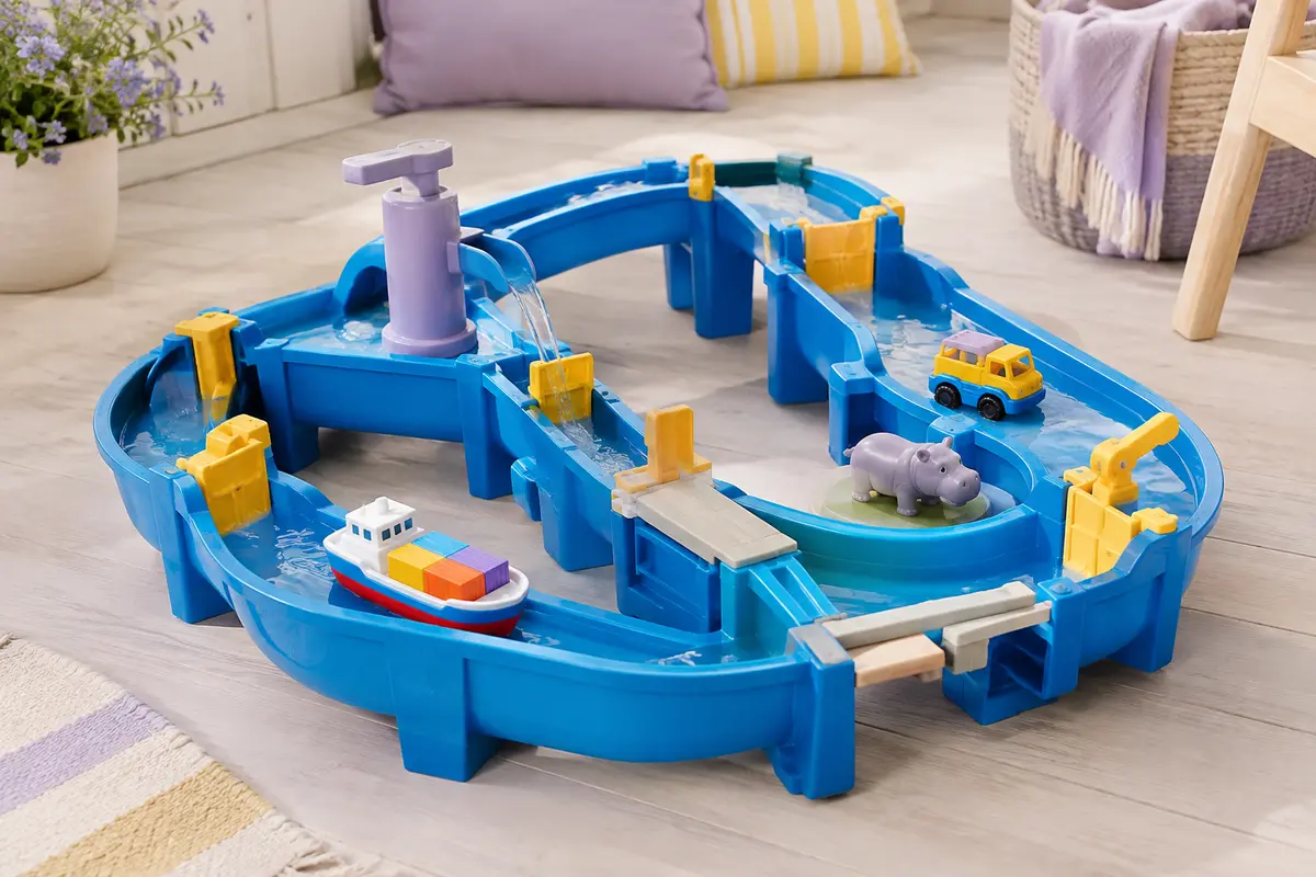 Circuit d’eau bleu avec écluse, pompe, bateau-conteneur, camion amphibie et figurine d’hippopotame
