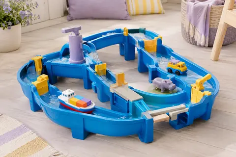 Circuit d’eau bleu avec écluse, pompe, bateau-conteneur, camion amphibie et figurine d’hippopotame