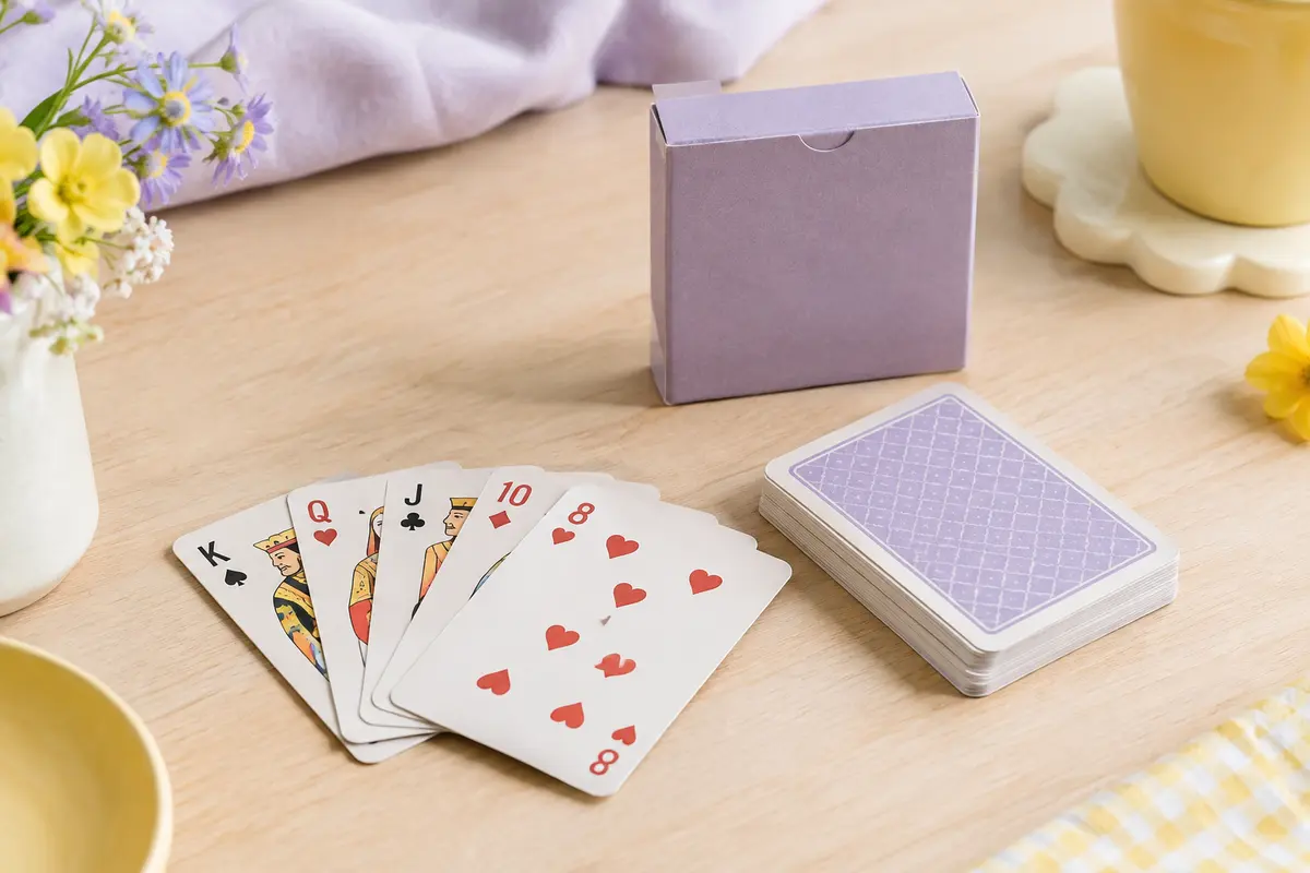 Jeu de cartes Pili Pili et sa boîte compacte posés sur une table claire aux tons lilas et crème.