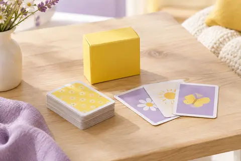 Boîte jaune du jeu Speedbac et cartes en papier présentées sur une table en bois clair