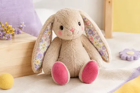 Peluche lapin beige B. toys de 30 cm avec oreilles colorées, joues roses et pattes rose vif