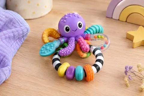 Hochet de dentition multicolore en forme de poulpe avec poignée striée et textures variées
