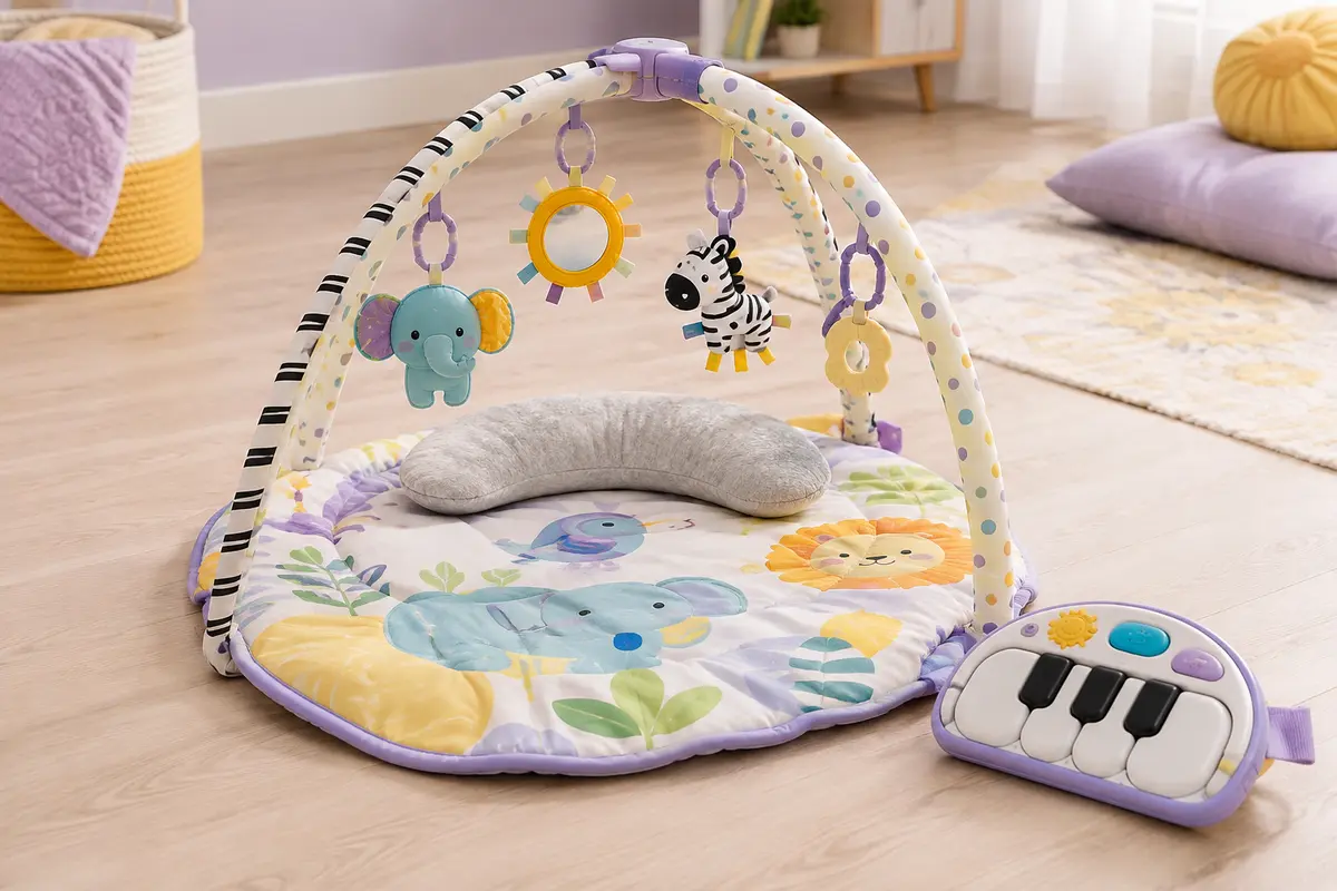 Tapis d’éveil musical avec arche, piano détachable, coussin de maintien et jouets suspendus
