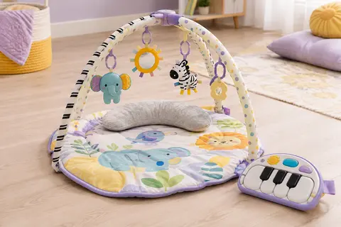 Tapis d’éveil musical avec arche, piano détachable, coussin de maintien et jouets suspendus