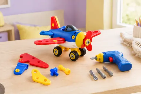 Avion démontable Battat bleu et rouge avec ses pièces, sa perceuse à piles et ses mèches.