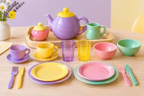 Dînette multicolore Battat avec théière, vaisselle, couverts et plateau de service disposés sur une table claire.