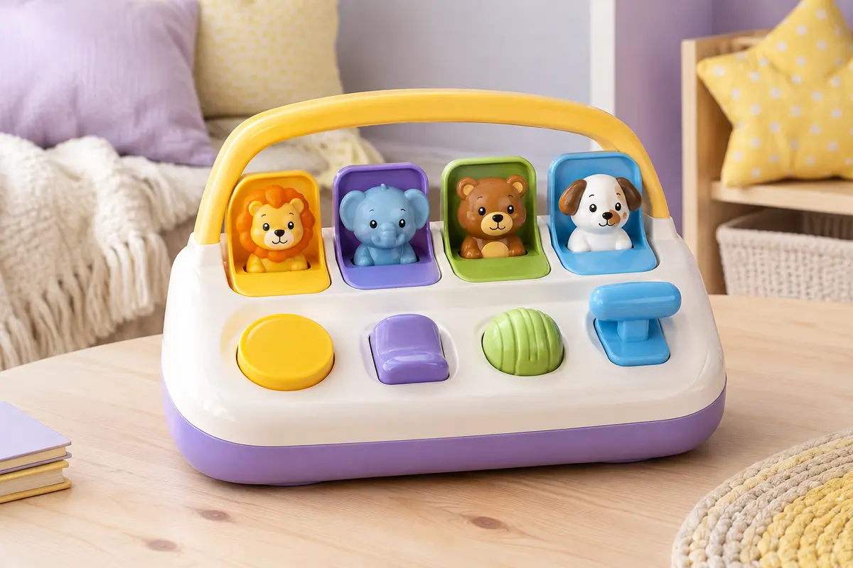 Jouet pop-up multicolore avec quatre animaux et commandes, posé sur une surface claire.